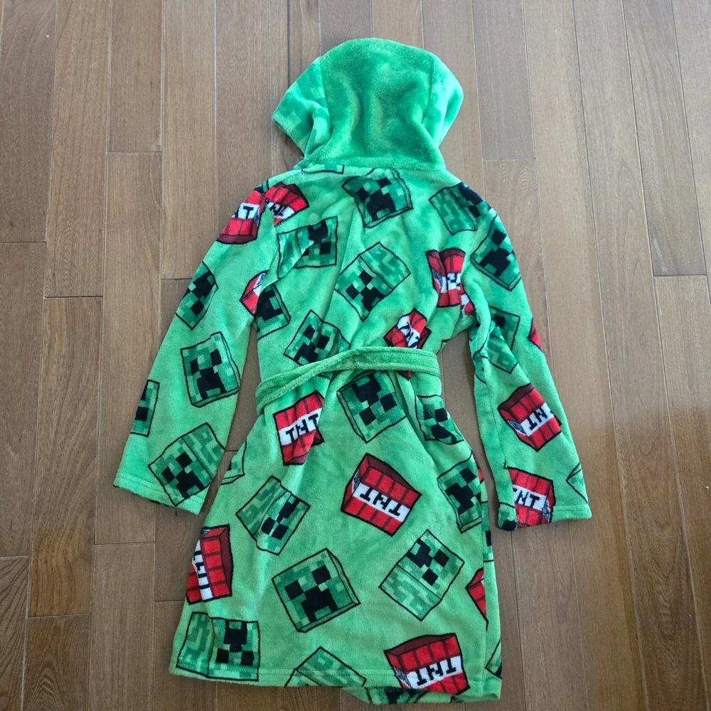 Minecraft Boys Green Creeper TNT Fleece Hooded Bathrobe Size M 8/10 Plush Gamer
